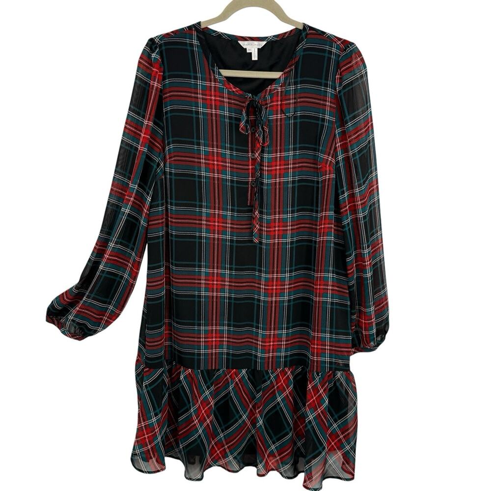 Draper James Tartan Plaid Chiffon Shift Dress M Medium Long Sleeve Holiday Party
